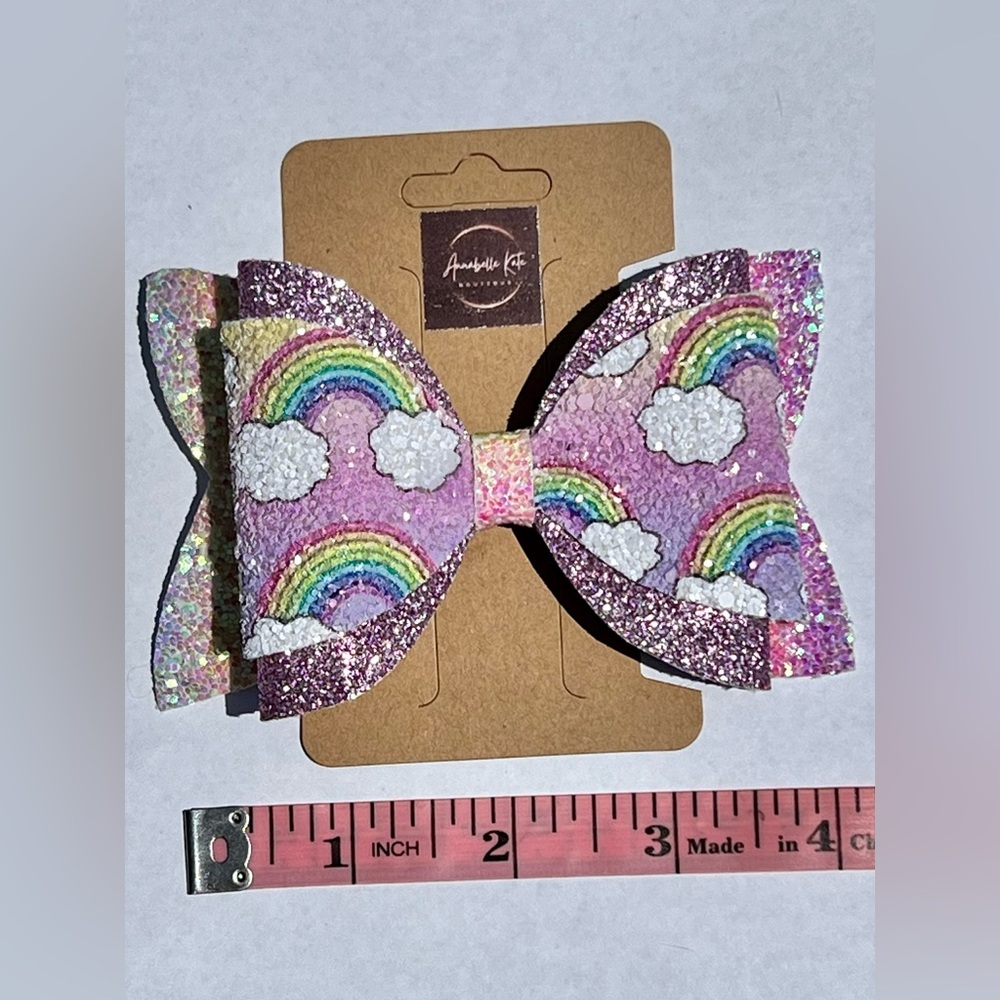 Boutique Custom Made Faux Leather Rainbow Print with Pink Glitter Hair Bow - Picture 4 of 6